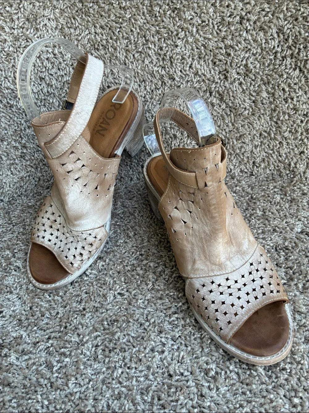 Roan by Bed|Stu Christine P Distressed Tan Laser-Cut Slingback Heels size 8.5